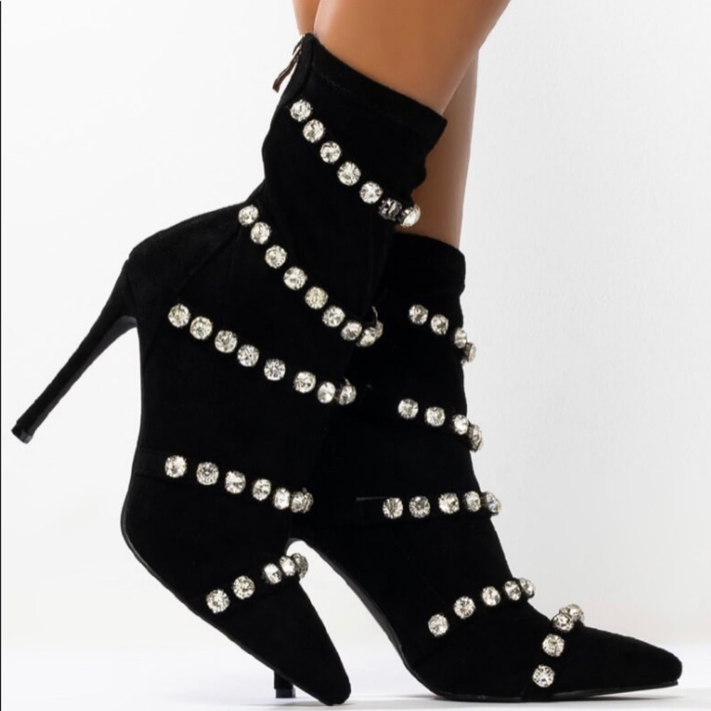 Black suede booties with rhinestone detail